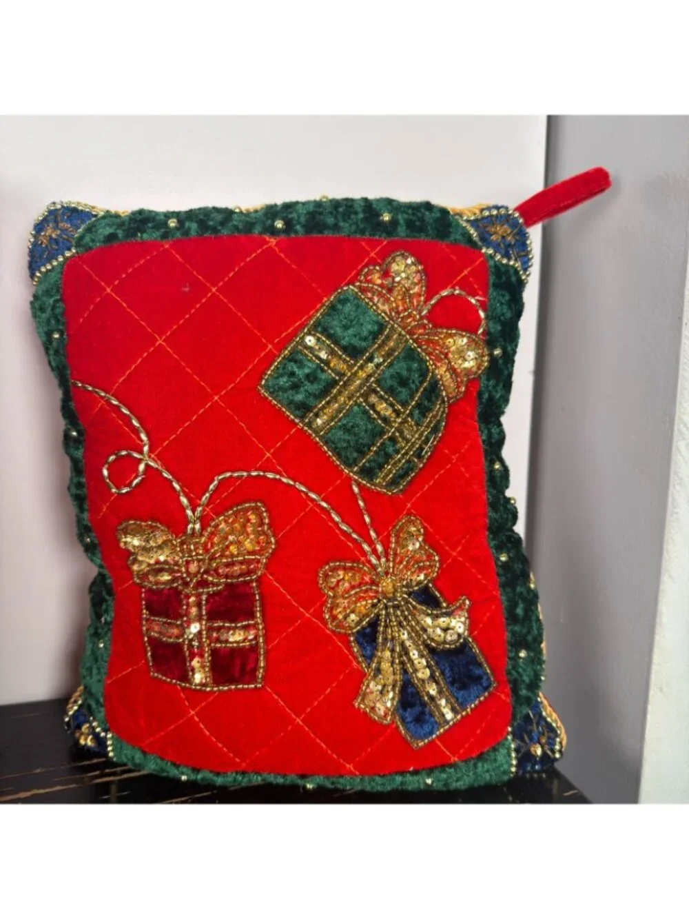 Vintage 3 crush Velvet Sequin Blue Red Green Christmas Tree Presents Pillows